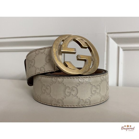 Authentic Gucci Cream Guccissima Leather Gold Interlocking G Buckle Belt 85/34 - Picture 12 of 13